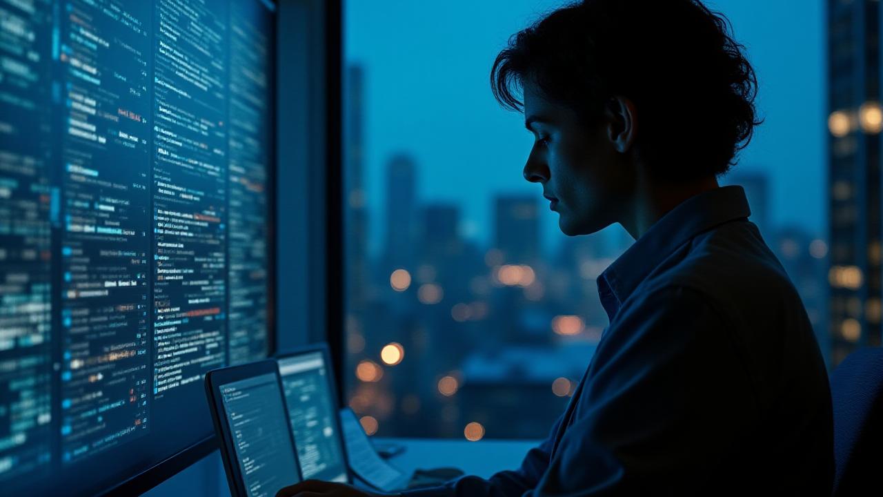 Журналист-расследователь работает с массивами данных в современном офисе Нью-Йорка